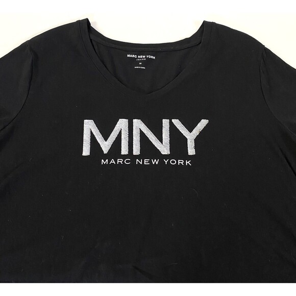 Marc New York Sequin Logo T Shirt Women Plus Size 2X Black Silver Knit Read - Picture 2 of 11